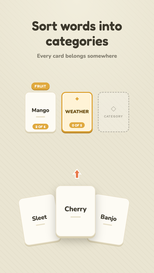SoliWords gameplay: word cards being sorted into category piles.