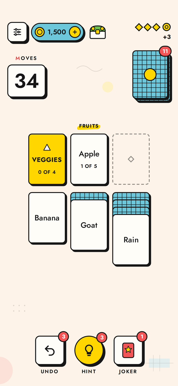 A SoliWords board: word cards being sorted onto category piles, Veggies and Fruits open, with Undo, Hint and Joker boosters below.